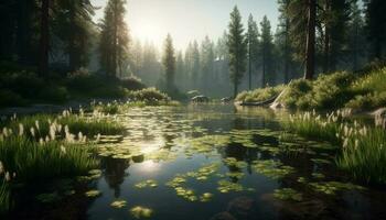 still Szene von natürlich Schönheit Wald, Teich, und Berg Angebot generiert durch ai foto