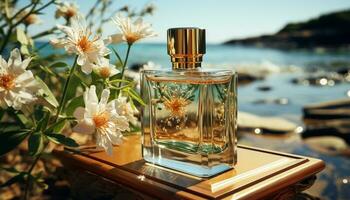 erfrischend Sommer- Duft im ein transparent Flasche, Natur Schönheit Behandlung generiert durch ai foto
