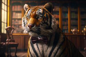 Tiger mit Bogen Krawatte Stehen im Vorderseite von Bücherregal gefüllt mit Bücher. generativ ai foto