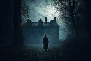 Person Stehen im Vorderseite von gruselig Haus im das dunkel von Nacht. generativ ai foto