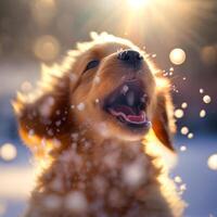 golden Retriever mit es ist Mund öffnen im das Schnee. generativ ai foto