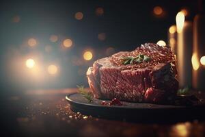 Steak auf Teller mit Kerzen im das Hintergrund. generativ ai foto