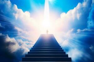 Mann Stehen auf oben von Treppe führen zu Star von Licht. generativ ai foto