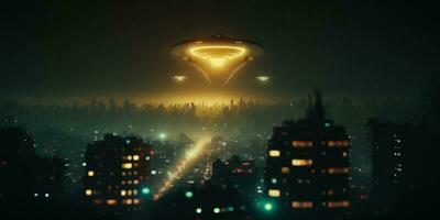 ein Außerirdischer Raumschiff fliegend Über Stadt beim Nacht. generativ ai foto