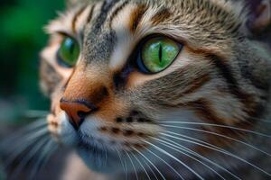 schließen oben von Katze Gesicht mit Grün Augen Katze im das Hintergrund. generativ ai foto