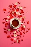 Tasse von Kaffee umgeben durch Blütenblätter von Rose Blütenblätter auf Rosa Hintergrund. generativ ai foto