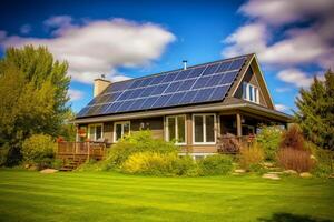 Haus mit Solar- Panel auf das Dach und Deck im Vorderseite von Es. generativ ai foto