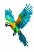 bunt Papagei fliegend durch das Luft mit es ist Flügel Verbreitung aus und es ist Flügel Ausbreitung. generativ ai foto