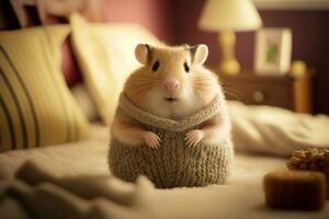 Hamster im Sweatshirt auf Bett mit Lampe auf das Seite von das Bett. generativ ai foto