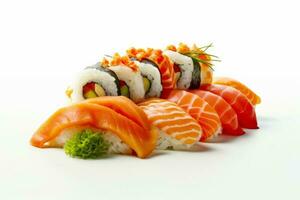 schließen oben von Sushi auf Weiß Hintergrund mit Weiß Hintergrund. generativ ai foto