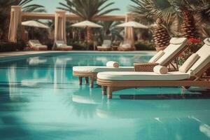 das Kante Luxus Schwimmen Schwimmbad mit Weiß Mode Liegestühle auf das Strand., Außen Design. generativ ai foto