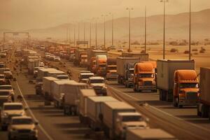 ein lange der Verkehr Marmelade von viele Lastwagen beim das Rand , ein lange warten zum Zoll prüft zwischen Zustände fällig zu das Coronavirus Epidemie, ist gestiegen sanitär Inspektion von Ladung Transport generativ ai foto