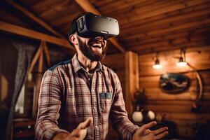 jung Mitte Osten asiatisch Mann Putten auf virtuell Wirklichkeit Headset glücklich mit Joysticks wie Säbel genießen haben Spaß konzentriert auf spielen erkunden vr Schlacht Spiel Fantasie Welt im rgb generativ ai foto