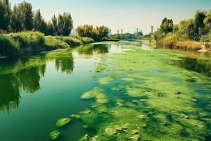 Wasser Verschmutzung durch Blühen Blau Grün Algen - - Cyanobakterien ist Welt Umwelt Problem. Wasser Körper, Flüsse und Seen mit schädlich Algen blüht. Ökologie Konzept von verschmutzt Natur. generativ ai foto