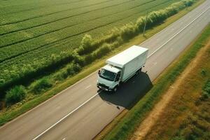 Trucker durch Logistik Unternehmen halb Anhänger LKW liefern Ladung zu ein Kunde oder Anbieter. LKW mit Sattelauflieger Fahren auf Autobahn. Transport Logistik. generativ ai foto
