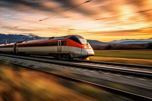 Eisenbahn Bahnhof und Zug . Eisenbahn mit Jahrgang Tonen generativ ai foto