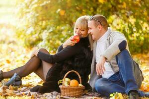 Paar im Liebe Sitzung auf Herbst gefallen Blätter im ein Park, genießen ein schön Herbst Tag. Mann küssen ein Frau im ein Stirn foto