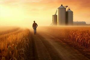 Farmer Gehen durch golden Weizen Feld und Überprüfung das Ernte generativ ai foto