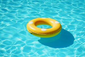 bunt aufblasbar Tube schwebend im Schwimmen Schwimmbad, Sommer- Ferien Konzept generativ ai foto