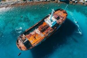 oben Aussicht von Untergang Tanker Schuss durch Drohne. invertiert Tanker zerstört auf schwarz Meer Küste von Odessa. leeren Tanker beugte sich vor zu einer Seite und lief auf Grund durch während Sturm mit stark Wind. generativ ai foto