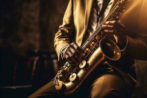 Saxophon Spieler Saxophonist spielen Jazz Musik- Instrument Jazz Musiker spielen Saxophon Alt generativ ai foto