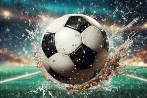 Wasser Tropfen um Fußball Ball auf Blau Hintergrund generativ ai foto