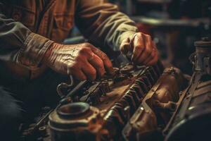 Hände von Auto Mechaniker im Auto Reparatur Service. generativ ai foto