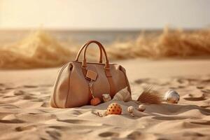 stilvoll Strand Tasche mit Zubehör und tropisch Strand im das Hintergrund, Sommer- Urlaube Konzept generativ ai foto