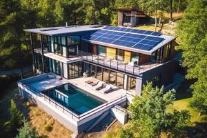 Solar- Photovoltaik Paneele auf ein Haus Dach generativ ai foto