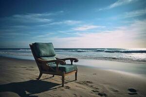 Weiß hölzern Strand Stuhl gegenüber Meereslandschaft, Vintage Filter bewirken generativ ai foto