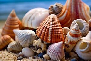 Muscheln auf sandig Strand generativ ai foto