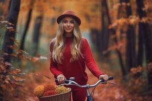 schön Mädchen hat Spaß Reiten ein Fahrrad im Herbst generativ ai foto