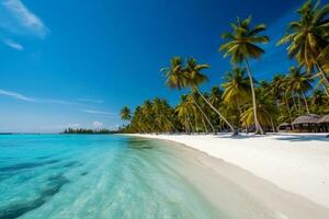 tropisch Paradies Strand mit Weiß Sand und Kokos Palmen Reise Tourismus breit Panorama Hintergrund Konzept generativ ai foto