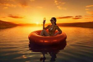 schön jung Frau mit ein Glas von Wein auf aufblasbar Ring im Wasser während Sonnenuntergang generativ ai foto