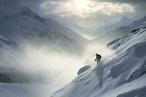 Winter Zeit. Skifahrer und Berge Landschaft generativ ai foto