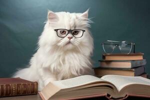 ein süß britisch kurzes Haar Katze trägt Brille und sieht aus mögen sie ist müde generativ ai foto