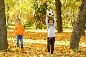 wenig Mädchen mit Ball im das Herbst Park foto