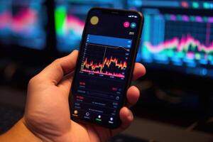 Krypto Händler Investor Makler halten Finger mit Zelle Telefon App ausführen finanziell Lager Handel Markt Handel bestellen zu Kaufen oder verkaufen Kryptowährung Anteile Denken von Investition generativ ai foto