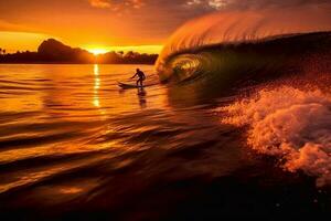 Surfen beim Sonnenuntergang. jung Mann Reiten Welle beim Sonnenuntergang. draussen aktiv Lebensstil. generativ ai foto