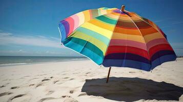 ein bunt Strand Regenschirm auf ein sandig Strand. generativ ai foto