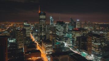 ein Stadt Horizont mit hoch Gebäude und hell Beleuchtung. generativ ai foto