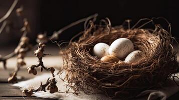 ein klein Vögel Nest mit Eier. Netz Banner mit Kopieren Raum. generativ ai foto