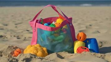 ein Strand Tasche mit Sand Spielzeuge. generativ ai foto