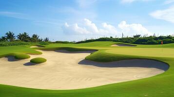 ein Golf Kurs mit rollen Grüns und Sand Fallen. generativ ai foto