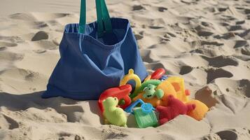 ein Strand Tasche mit Sand Spielzeuge. generativ ai foto