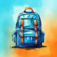 Kinder- Schule Schulranzen, Blau Aktentasche zum Jugendliche. Rucksack zum wandern. Studenten Aktentasche Aquarell auf Himmel Hintergrund. Illustration. ai generiert foto