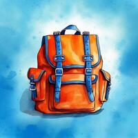 Orange Schule Tasche auf Blau Hintergrund. komfortabel Rucksack mit Taschen. stilvoll Tasche. ai generiert foto