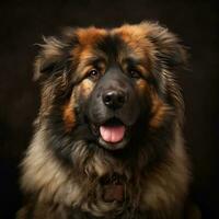 Studio Porträt von ein groß flauschige Hund. Haustier Nahansicht auf ein dunkel Hintergrund. generativ ai foto