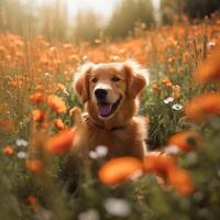 Porträt von ein golden Retriever rothaarig glücklich Hündchen im ein Mohn Feld mit selektiv Fokus. natürlich Hintergrund. generativ ai foto