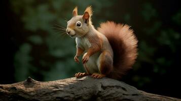 ein Eichhörnchen Standort auf ein Baum Stumpf im das Wald. ai generiert foto